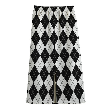 Black And White Argyle Pattern Print Cotton Front Slit Maxi Skirt