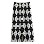 Black And White Argyle Pattern Print Cotton Front Slit Maxi Skirt