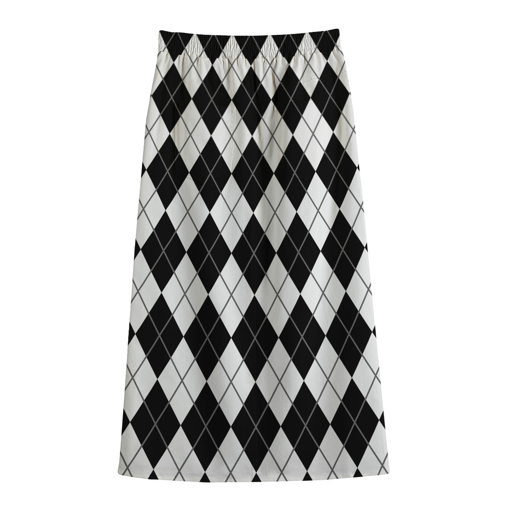 Black And White Argyle Pattern Print Cotton Front Slit Maxi Skirt