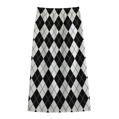 Black And White Argyle Pattern Print Cotton Front Slit Maxi Skirt