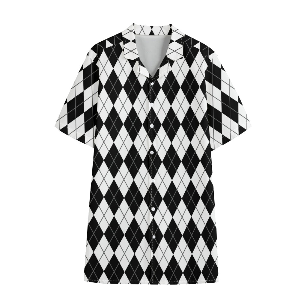 Black And White Argyle Pattern Print Cotton Hawaiian Shirt