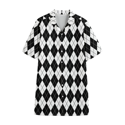 Black And White Argyle Pattern Print Cotton Hawaiian Shirt