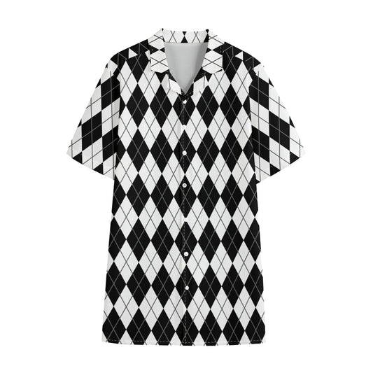 Black And White Argyle Pattern Print Cotton Hawaiian Shirt