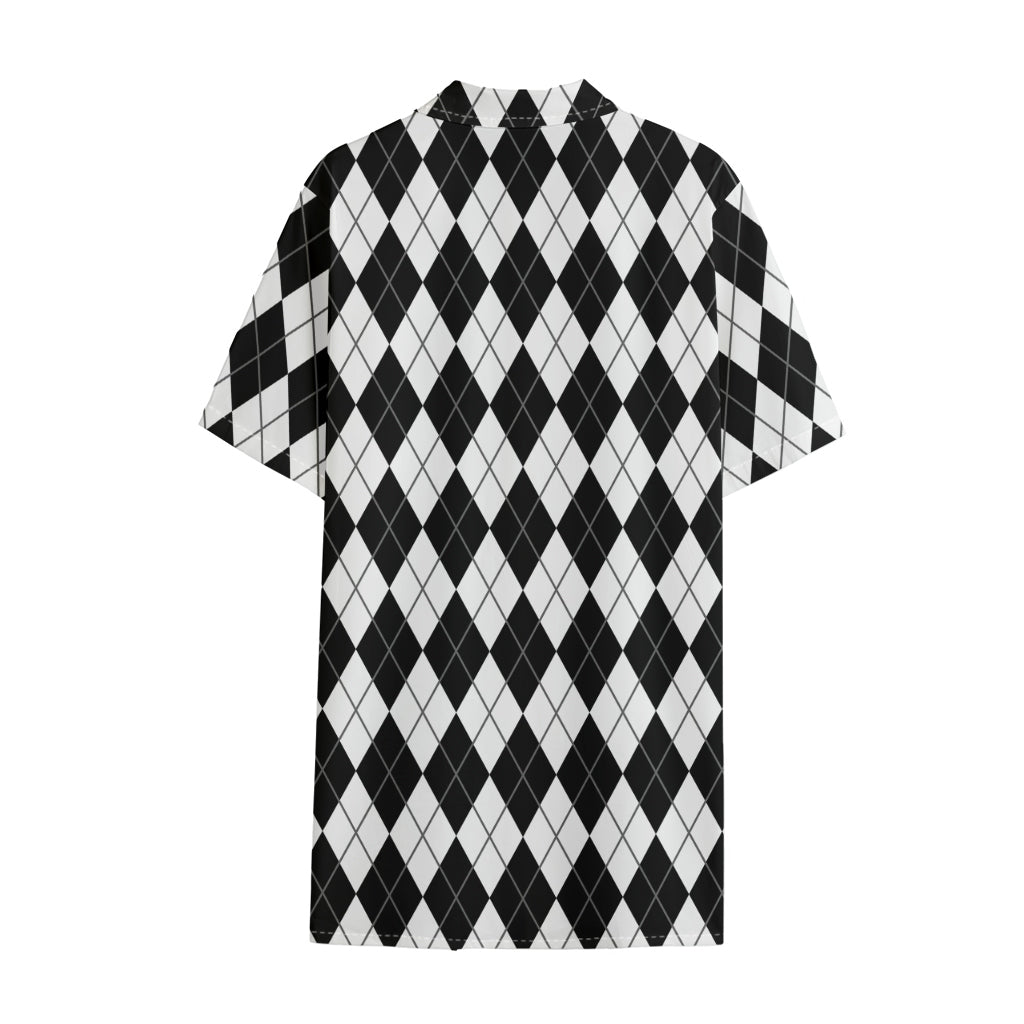 Black And White Argyle Pattern Print Cotton Hawaiian Shirt