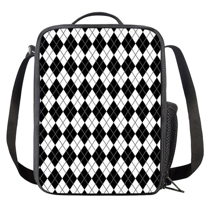 Black And White Argyle Pattern Print Crossbody Lunch Bag