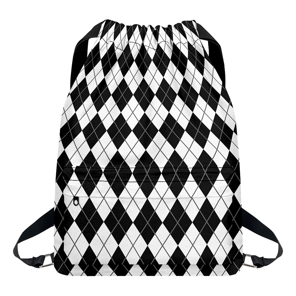 Black And White Argyle Pattern Print Drawstring Backpack