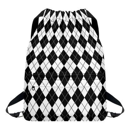 Black And White Argyle Pattern Print Drawstring Backpack