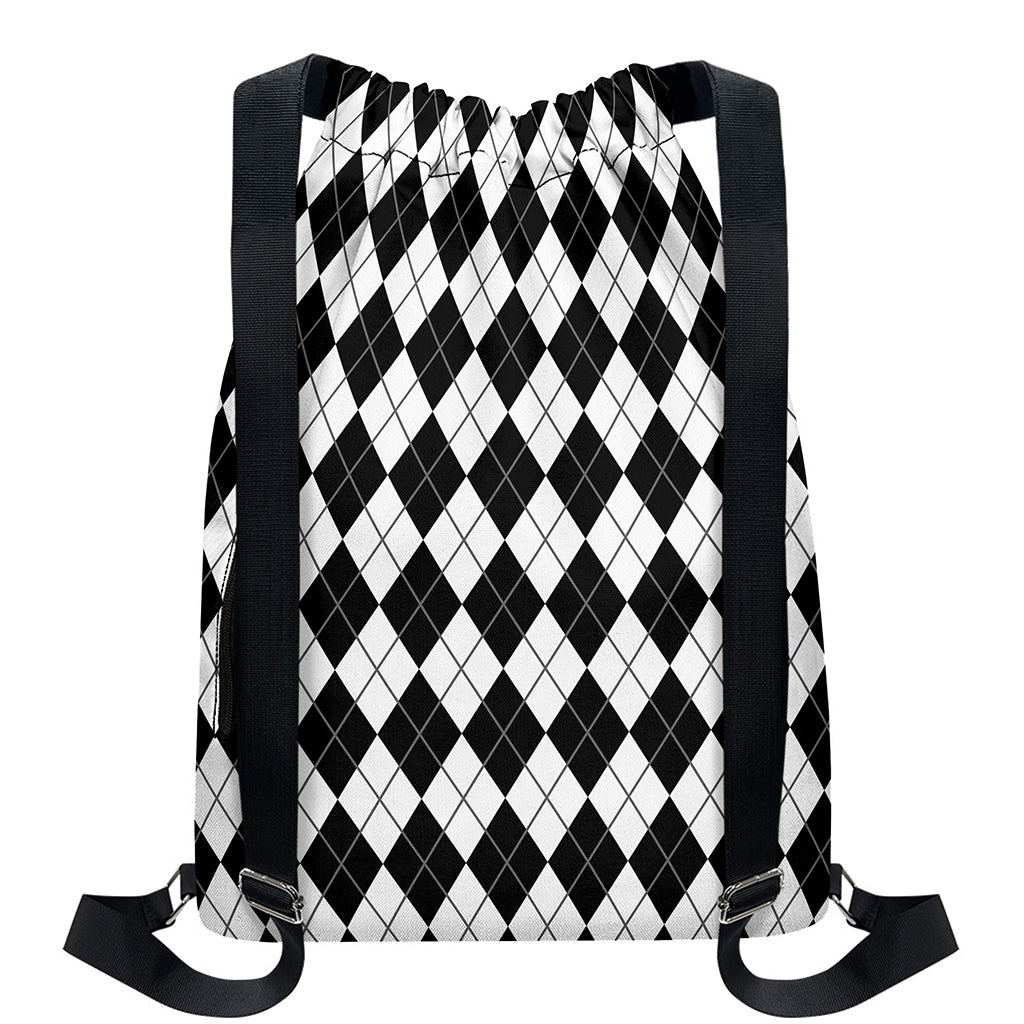 Black And White Argyle Pattern Print Drawstring Backpack