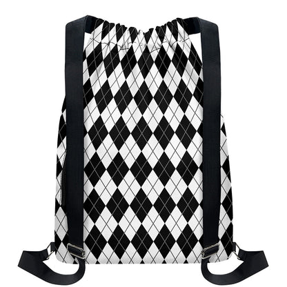 Black And White Argyle Pattern Print Drawstring Backpack