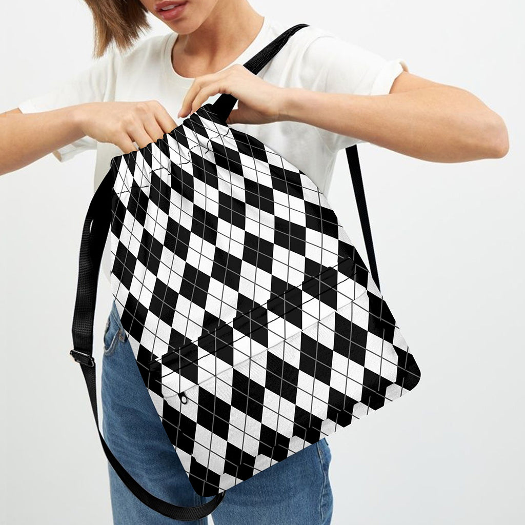 Black And White Argyle Pattern Print Drawstring Backpack