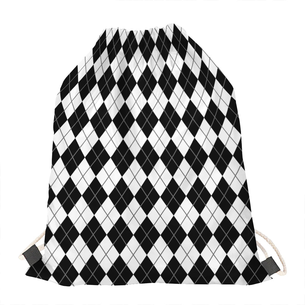 Black And White Argyle Pattern Print Drawstring Bag