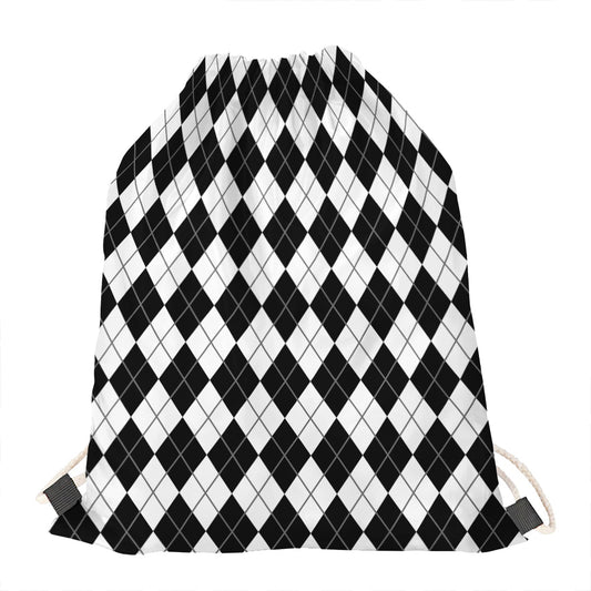 Black And White Argyle Pattern Print Drawstring Bag