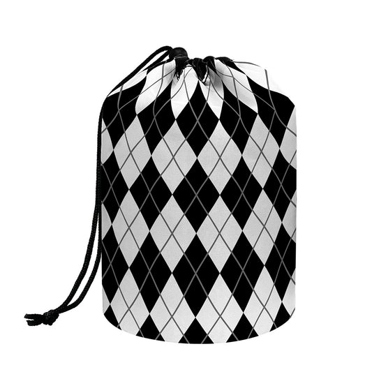Black And White Argyle Pattern Print Drawstring Makeup Bag