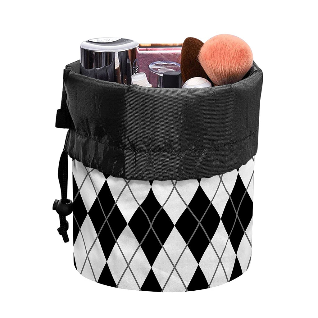 Black And White Argyle Pattern Print Drawstring Makeup Bag