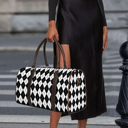 Black And White Argyle Pattern Print Duffle Bag