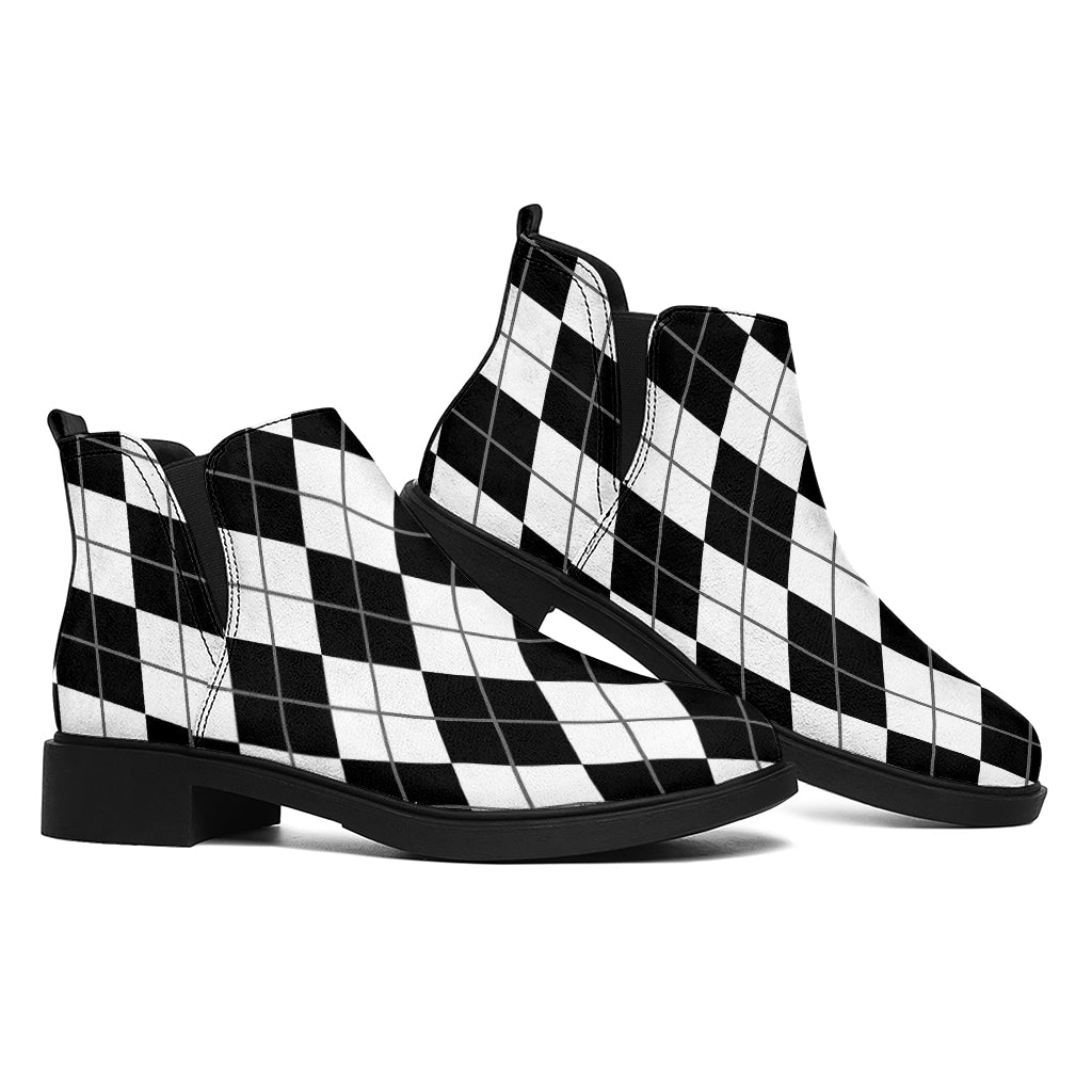 Black And White Argyle Pattern Print Flat Ankle Boots
