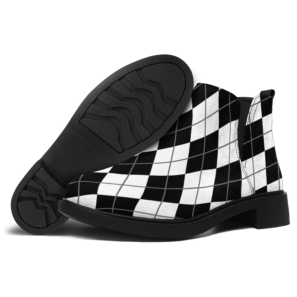 Black And White Argyle Pattern Print Flat Ankle Boots
