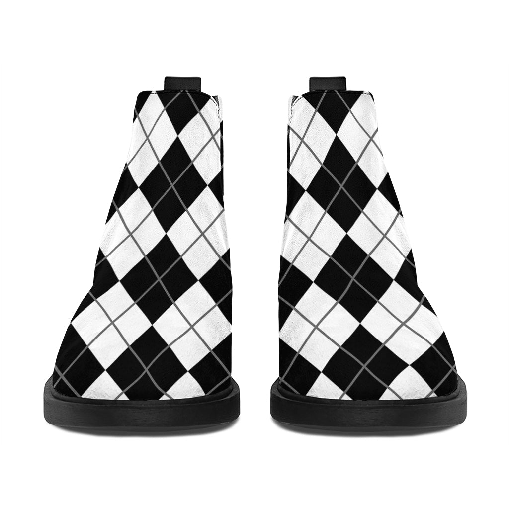 Black And White Argyle Pattern Print Flat Ankle Boots