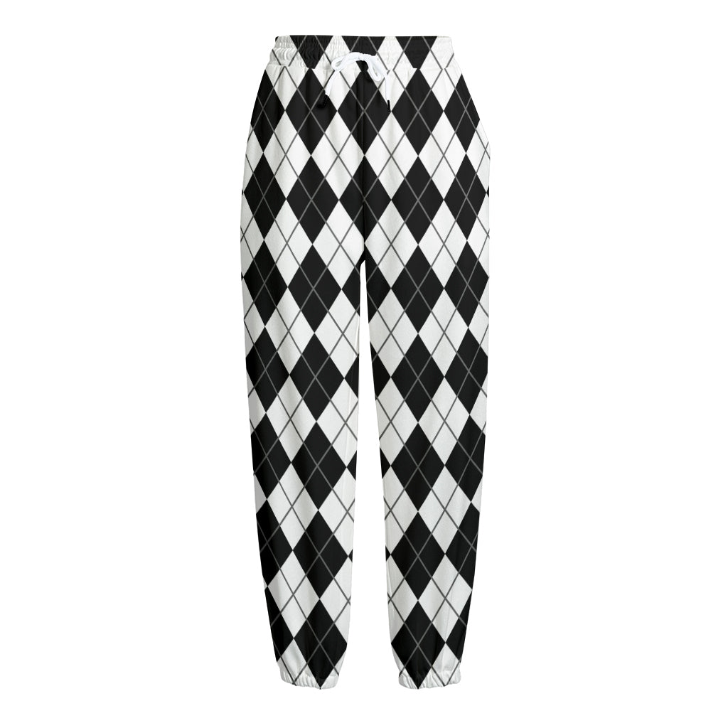 Black And White Argyle Pattern Print Fleece Lined Knit Pants