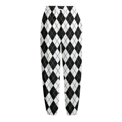 Black And White Argyle Pattern Print Fleece Lined Knit Pants
