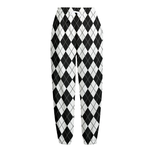 Black And White Argyle Pattern Print Fleece Lined Knit Pants