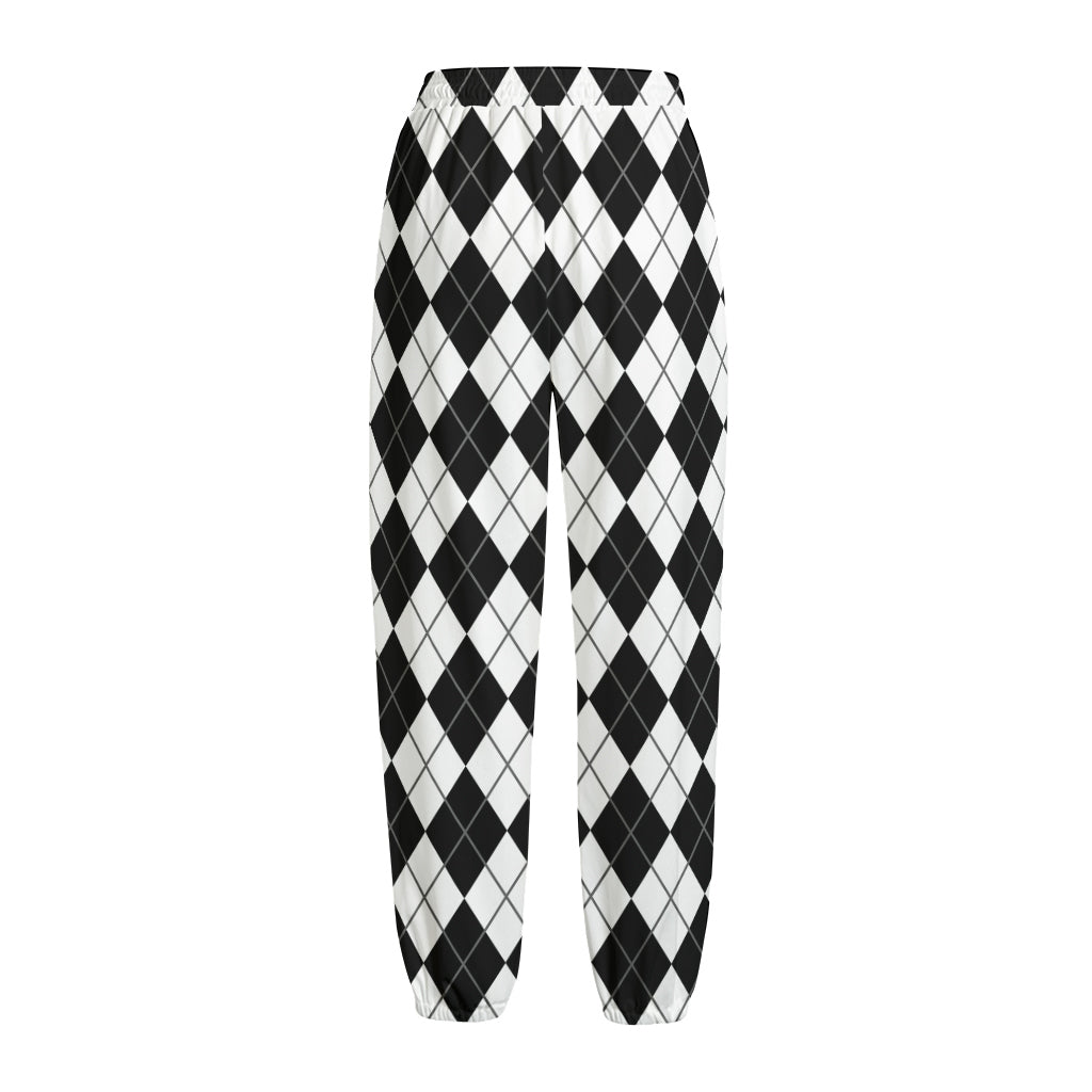 Black And White Argyle Pattern Print Fleece Lined Knit Pants