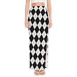 Black And White Argyle Pattern Print High Slit Maxi Skirt