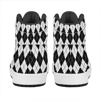 Black And White Argyle Pattern Print High Top Leather Sneakers