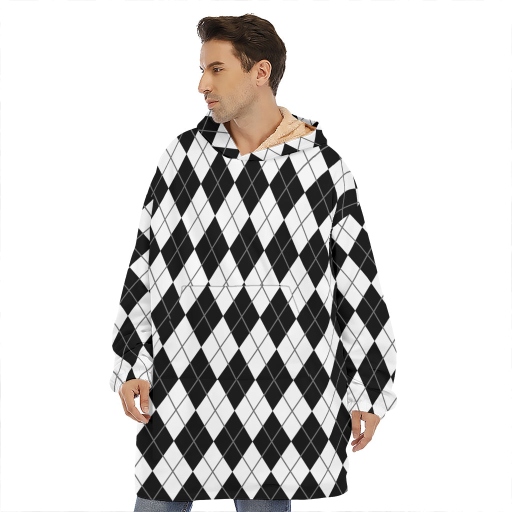 Black And White Argyle Pattern Print Hoodie Blanket