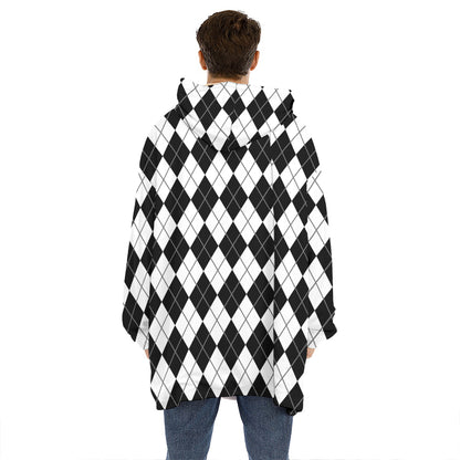 Black And White Argyle Pattern Print Hoodie Blanket