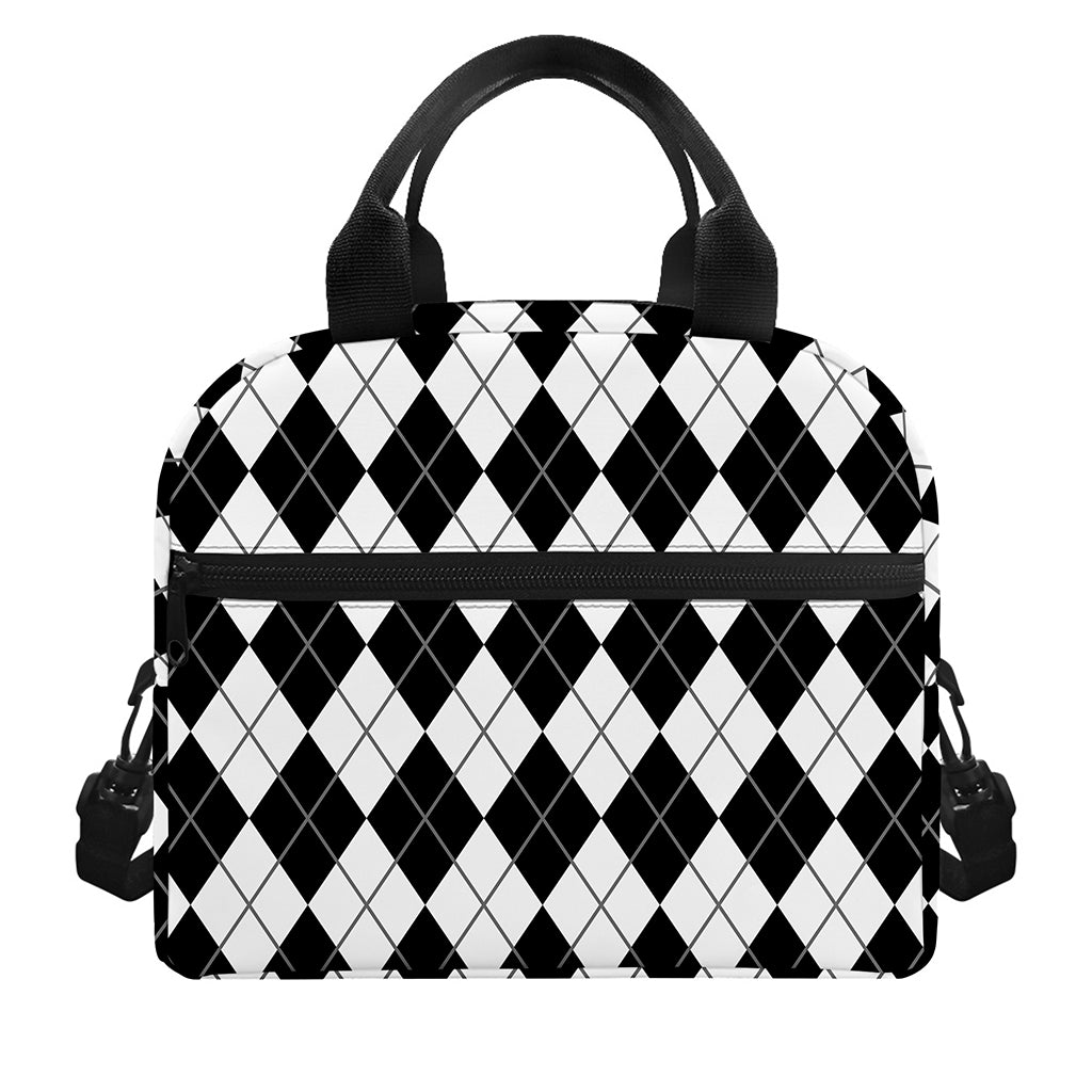 Black And White Argyle Pattern Print Insulated Lunch Bag