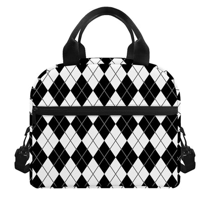 Black And White Argyle Pattern Print Insulated Lunch Bag