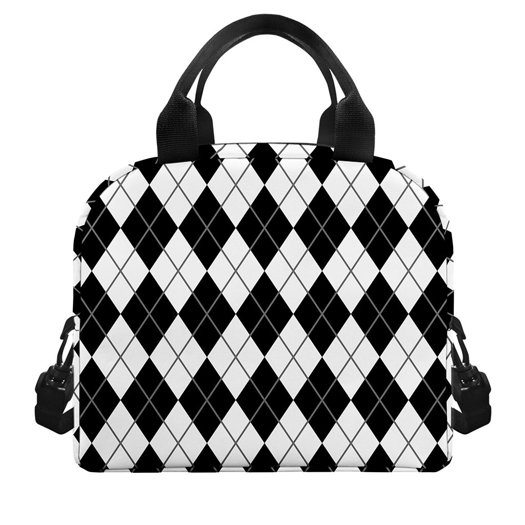 Black And White Argyle Pattern Print Insulated Lunch Bag