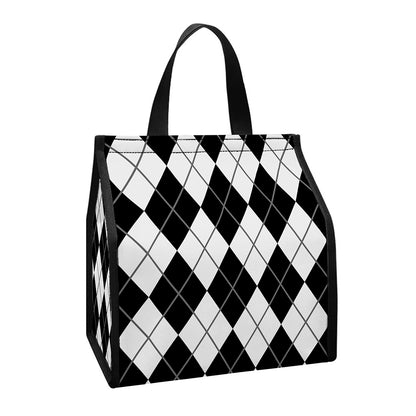 Black And White Argyle Pattern Print Insulated Lunch Tote
