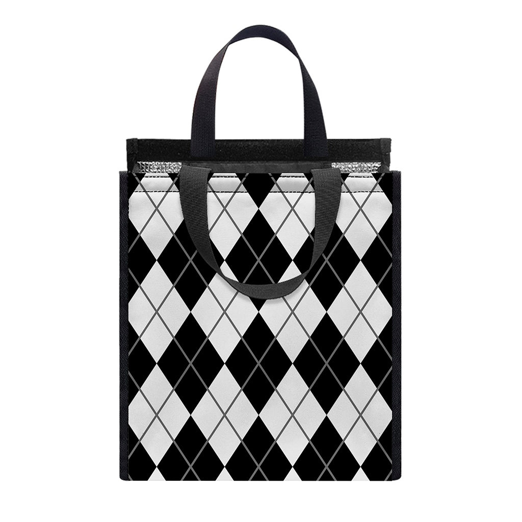 Black And White Argyle Pattern Print Insulated Lunch Tote