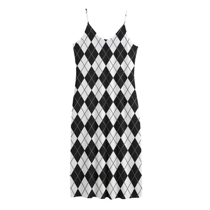 Black And White Argyle Pattern Print Jersey Midi Cami Dress