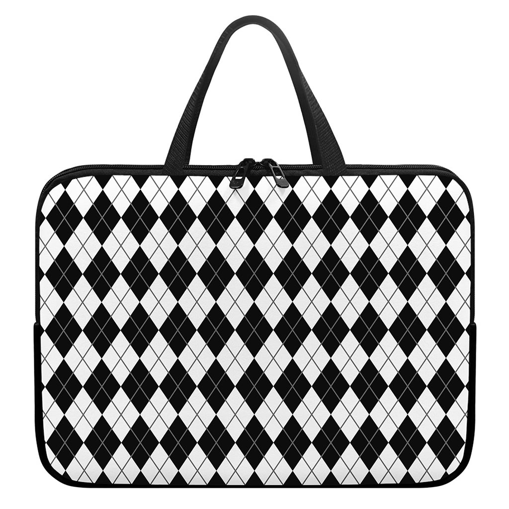 Black And White Argyle Pattern Print Laptop Sleeve With Handle