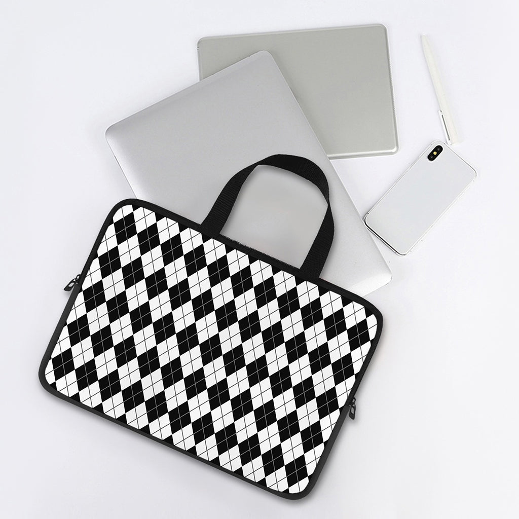 Black And White Argyle Pattern Print Laptop Sleeve With Handle
