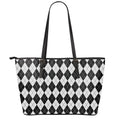 Black And White Argyle Pattern Print Leather Tote Bag With Zipper