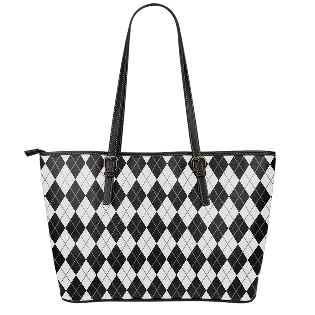 Black And White Argyle Pattern Print Leather Tote Bag