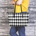 Black And White Argyle Pattern Print Leather Tote Bag