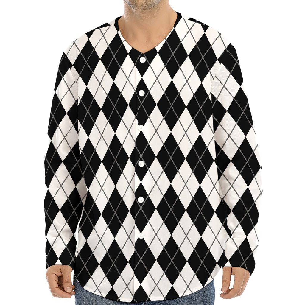 Black And White Argyle Pattern Print Long Sleeve Baseball Jersey