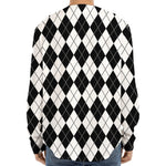 Black And White Argyle Pattern Print Long Sleeve Baseball Jersey