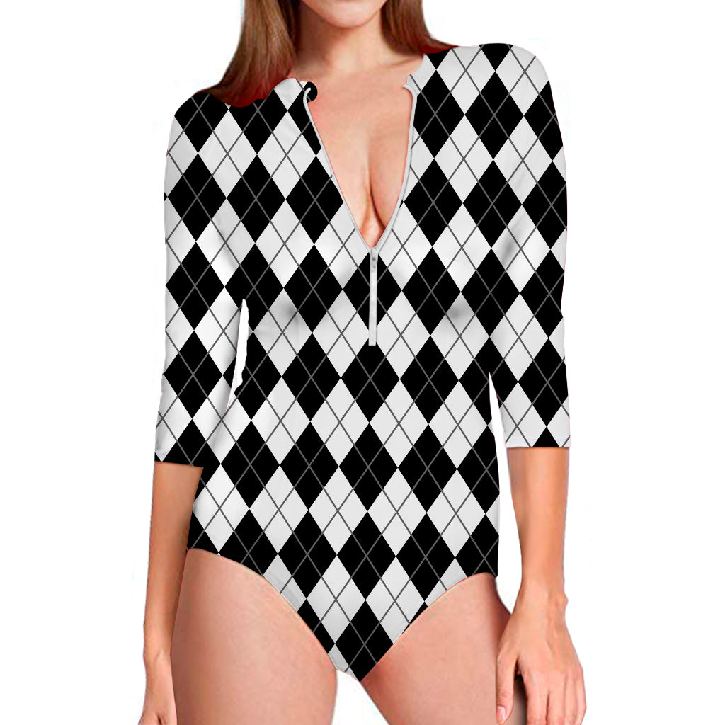 Black And White Argyle Pattern Print Long Sleeve Swimsuit