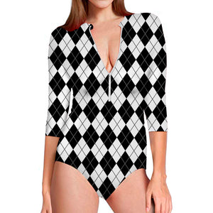 Black And White Argyle Pattern Print Long Sleeve Swimsuit