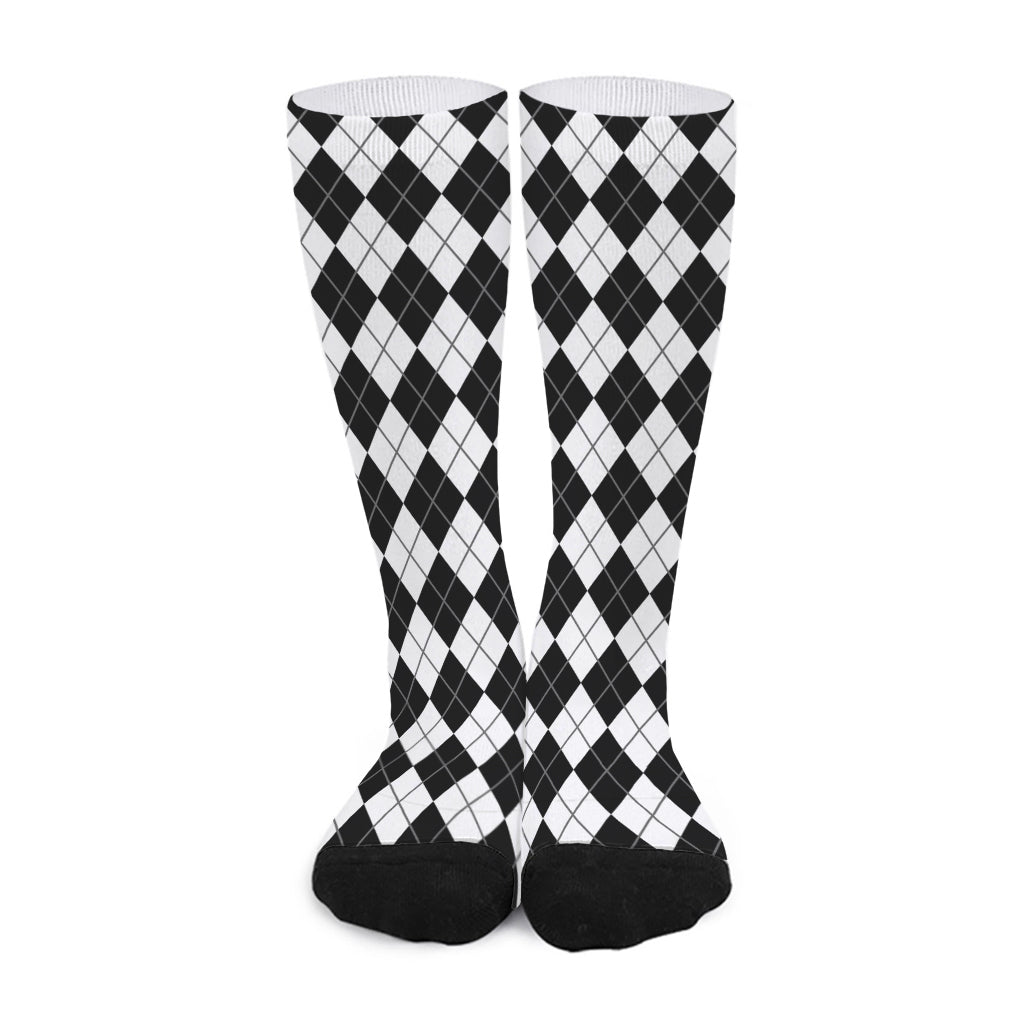 Black And White Argyle Pattern Print Long Socks