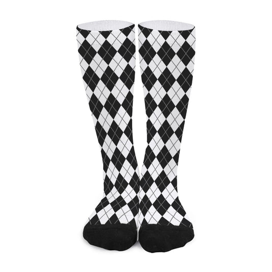 Black And White Argyle Pattern Print Long Socks