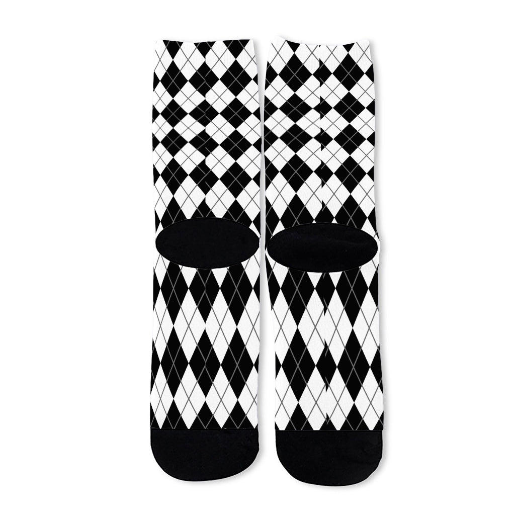 Black And White Argyle Pattern Print Long Socks