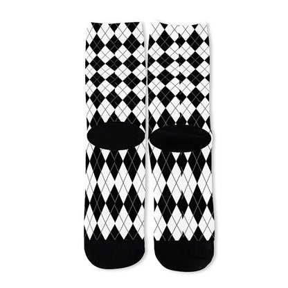 Black And White Argyle Pattern Print Long Socks