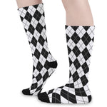 Black And White Argyle Pattern Print Long Socks